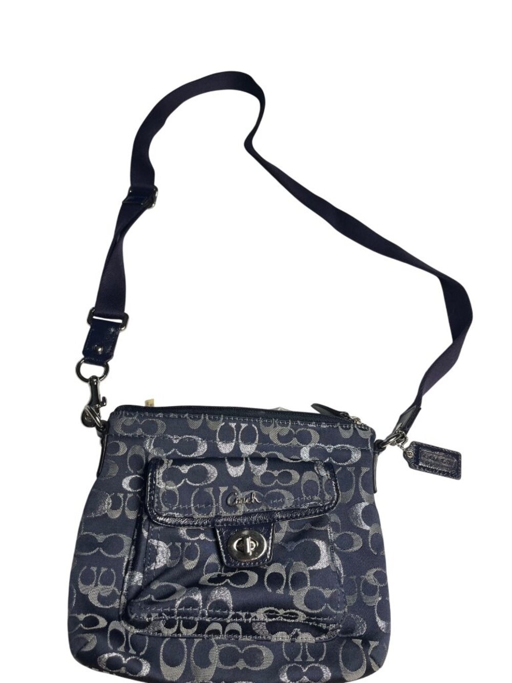 Coach Navy Logo Op Art swing back Crossbody Bag Turn Lock & Adjustable Strap